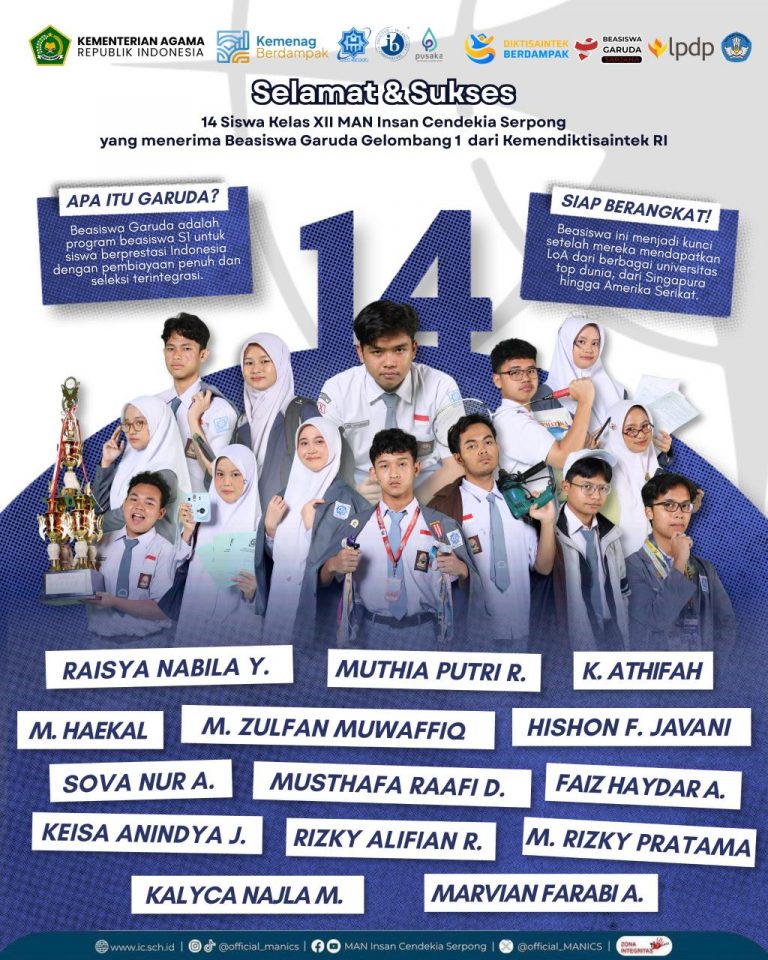 TEMBUS KAMPUS DUNIA, 14 SISWA MAN IC SERPONG RAIH BEASISWA GARUDA